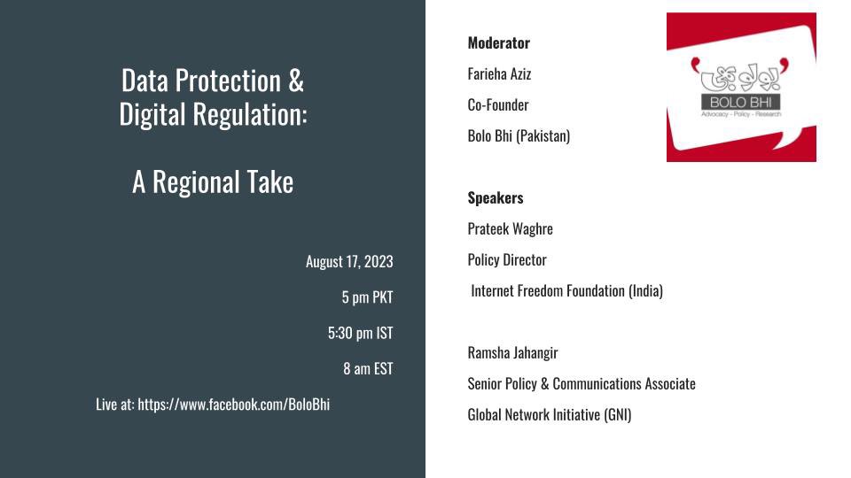 Join us today in conversation with @prateekwaghre Policy Director @internetfreedom & @ramshajahangir Senior Policy & Communications Associate @theGNI on data protection legislation & digital regulation in South Asia Time: 5 pm PKT - 5:30 pm IST - 8 am EST m.facebook.com/photo.php/?fbi…