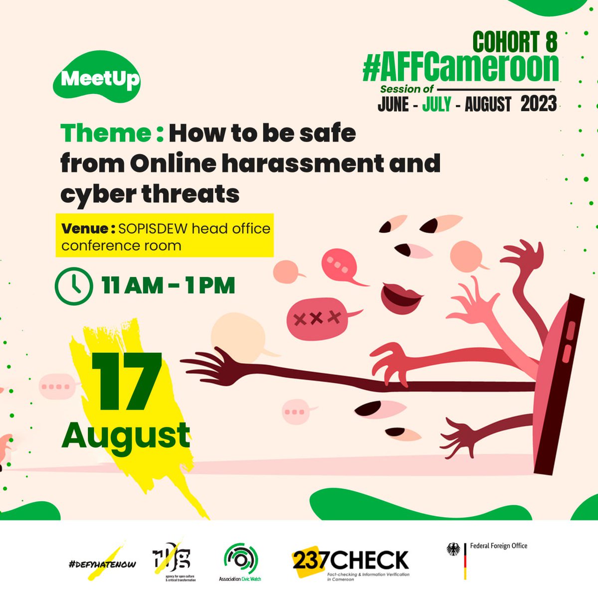 As part of their factchecking fellowship, cohort 8 fellows <a href="/KendraYaah/">Lawong Kendra Yaah-PhD in English language studies</a> <a href="/NjodzekaClaudia/">Njodzeka Claudia berinyuy</a> <a href="/Ur_LocaPromoter/">Toh Clinton Bangs</a> <a href="/GeraldNgeh/">Gerald Ngeh</a> will be engaging youths <a href="/sopisdew/">SOPISDEW</a> on "how to be safe from online harassment &amp; cyber threats" <a href="/DefyhatenowWCA/">#defyhatenow West & Central Africa</a> <a href="/intertwilight/">r0g_open culture</a> <a href="/GermanyDiplo/">GermanForeignOffice</a> <a href="/civic_watch/">Civic Watch</a> <a href="/237check/">@237CHECK</a>