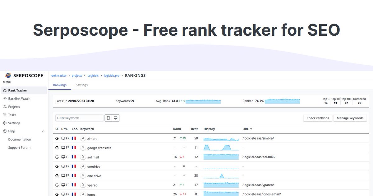 📢 Free self-hosted Serposcope 3 is available:

◆ Rank tracking
◆ Backlink monitoring
◆ And more SEO tools coming soon

Download it -> serposcope.com