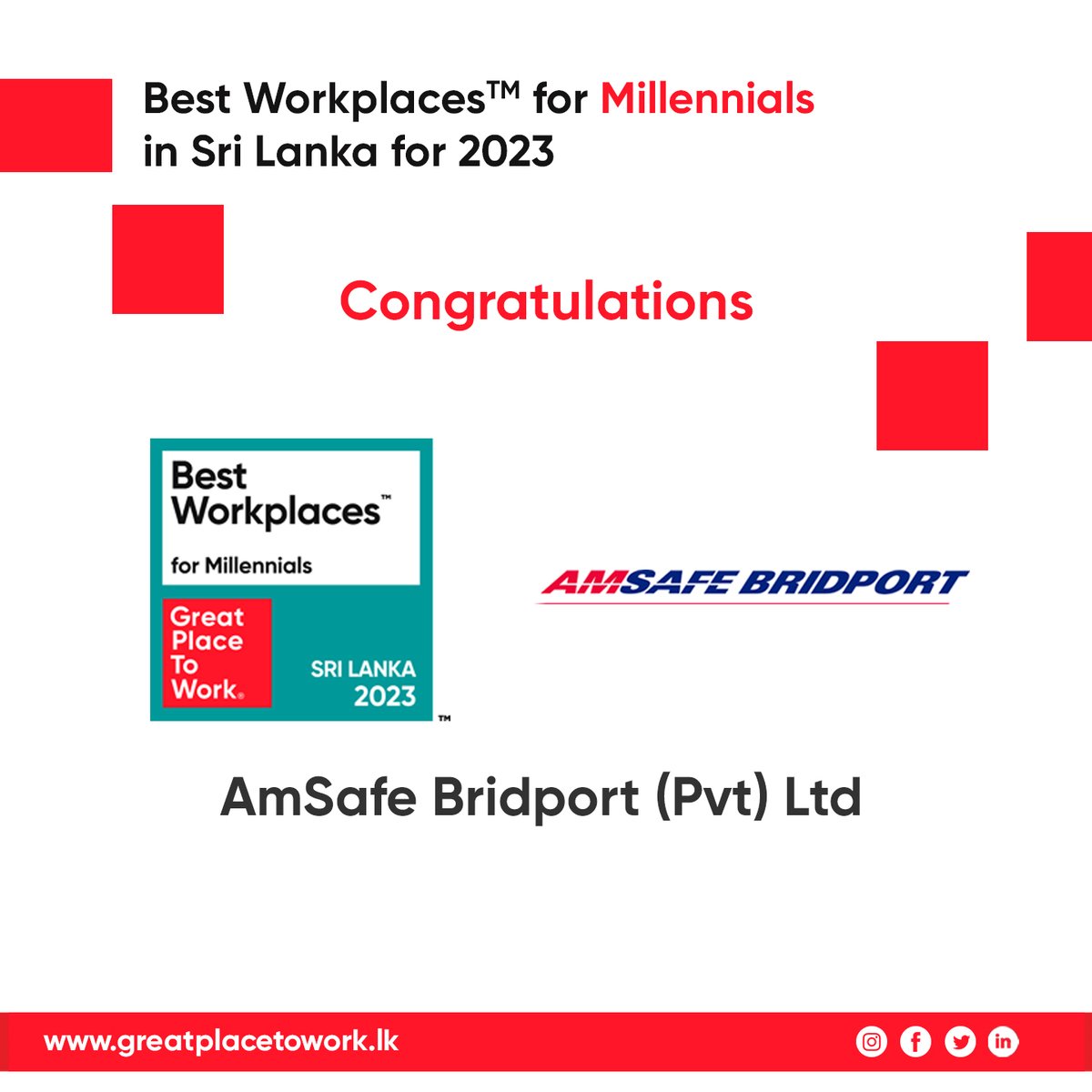 GPTW_SL's tweet photo. Congratulations to AmSafe Bridport (Pvt) Ltd for being selected among the 15 Best Workplaces™ for Millennials in Sri Lanka for 2023!

Check the list of winners, methodology and study article at https://t.co/f05jXDznrx

#GreatPlaceToWork #GreatPlaceToWorkLK #Millennials https://t.co/itah6mfooJ
