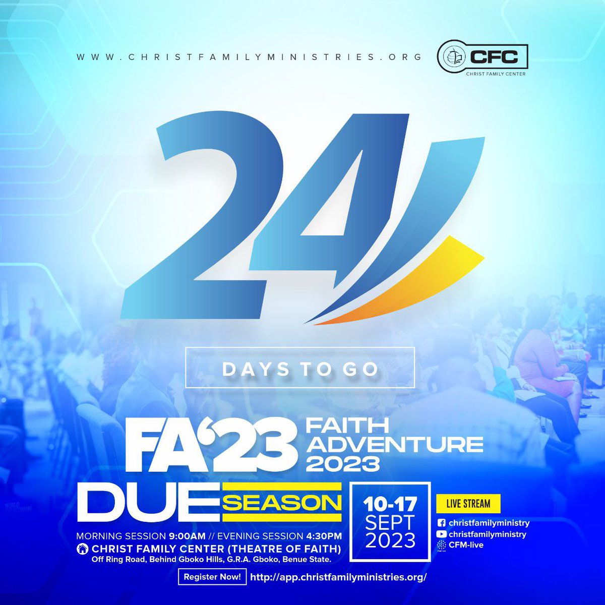 CFCAbuja's tweet photo. We have 24 days left to the start of the greatest ministry programme you have experienced yet and we are planning and preparing as we anticipate your presence. https://t.co/fVf2lL4hLe