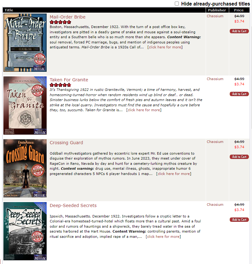 If you haven't picked up my adventures yet on drivethrurpg.com, the site is having a Cosmic Horror sale, so get in on that! It's only for this month!
drivethrurpg.com/browse.php?art…