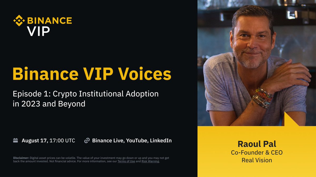 BinanceVIP's tweet photo. Join us on #Binance Live today for our very first episode of #Binance VIP Voices, where we discuss institutional crypto adoption in 2023 and beyond with @RaoulGMI, Co-Founder and CEO of Real Vision!

🗓️ Today, August 17.
⏰ 17:00 UTC

Join here ➡️ https://t.co/0yqX0Gwe6U https://t.co/qIHZWoWW4Z