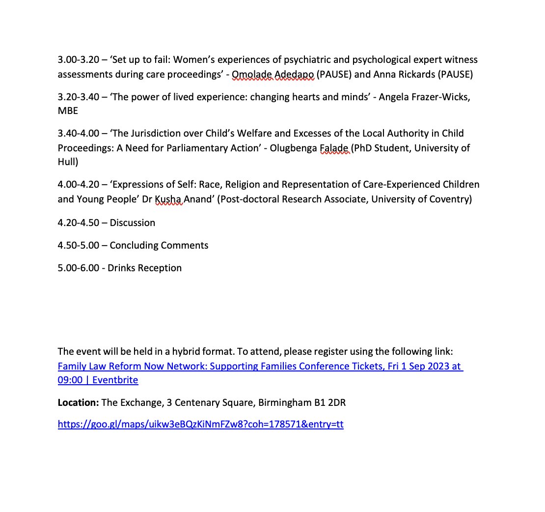 Updated schedule for our 'Supporting Families' event on 1 September (<a href="/bhamlaw/">Birmingham Law</a>)- a packed day! Register at  eventbrite.co.uk/e/family-law-r…