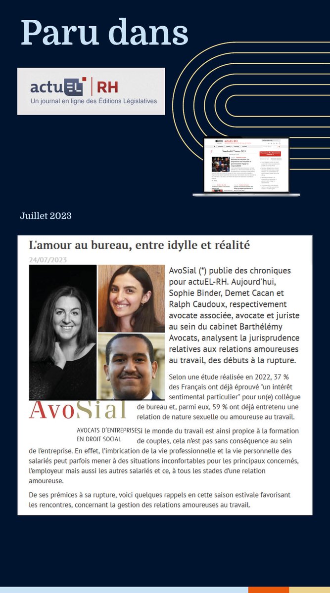 📰L'amour au bureau, entre idylle et réalité💘dernier article de la #série, publié dans #ActuELRH !

Nos #experts Sophie Binder, Demet Cacan &amp; Ralph Caudoux ont analysé la #jurisprudence relative aux relat° amoureuses au travail, des débuts à la rupture

👉🏼lnkd.in/eNCS_i3h