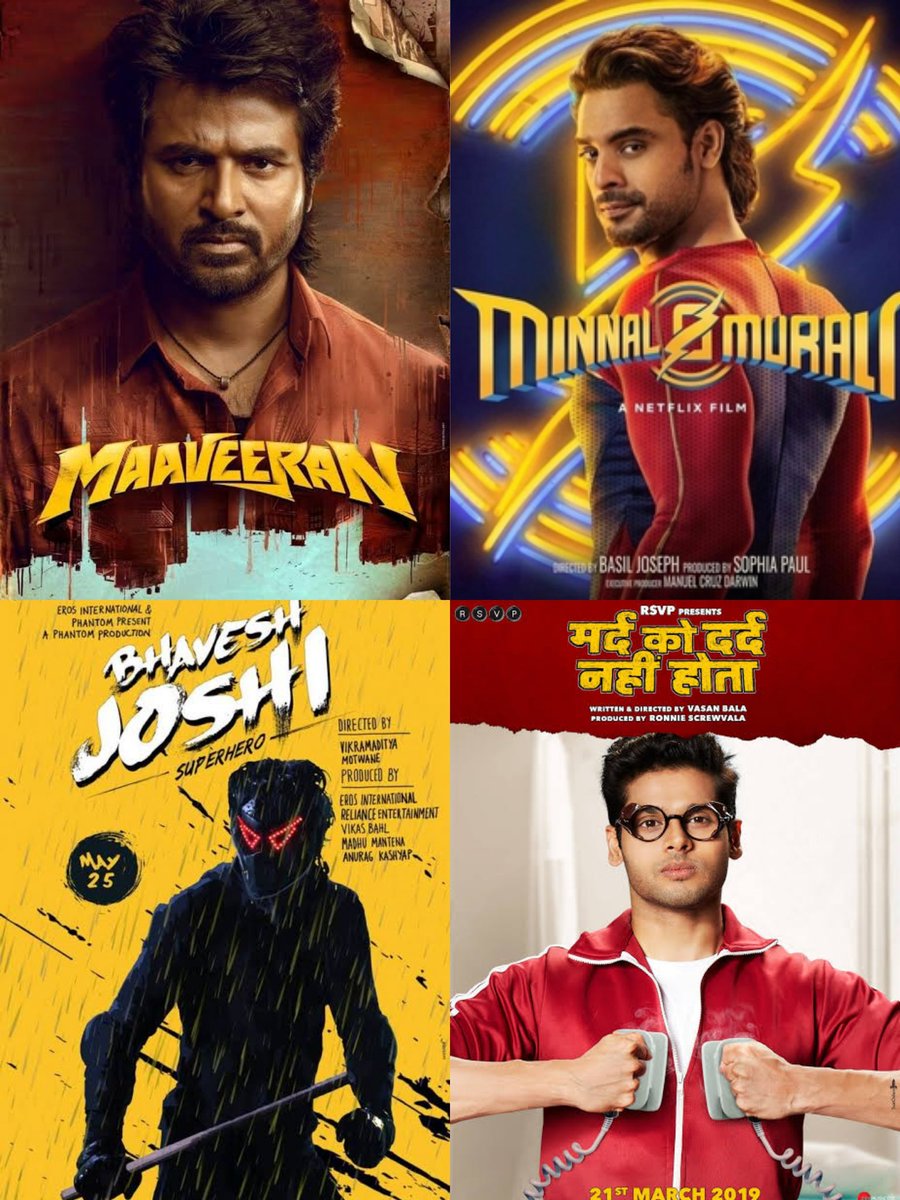 'Being a superhero movie enthusiast, I'm fervently wishing for these four characters to unite in a single film. I understand it might seem like a tall order, but is there a glimmer of hope? Please!🦸‍♂️🎥 #SuperheroDreamTeam #Maaveeran #MinnalMurali #BhaveshJoshi #MardKoDardNahiHota