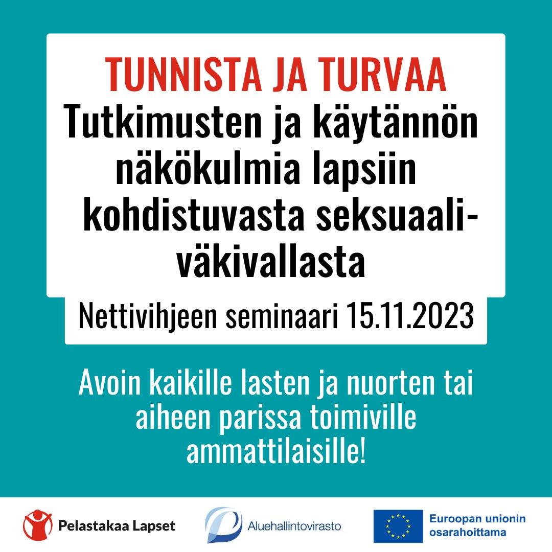 TERVETULOA! <a href="/Nettivihje/">Nettivihje</a> järjestää yhdessä Etelä-Suomen Aluehallintoviraston kanssa ke 15.11. seminaarin lapsiin kohdistuvasta seksuaaliväkivallasta.

Tapahtuma on maksuton ja avoin kaikille aiheesta kiinnostuneille.  

➡️ Lue lisää ja ilmoittaudu mukaan: avi.fi/tapahtuma/-/c/…