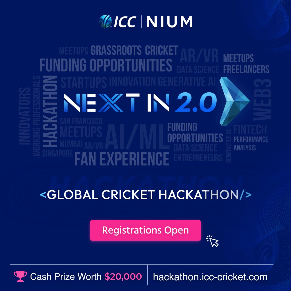 hack2skill's tweet photo. The Global Cricket #Hackathon is Back!! ππ€©
Dive into the exhilarating world of cricket with cutting-edge technologies like AI/ML, Fintech, AR/VR, Blockchain and more in the 'Next In 2.0' presented by @ICC & @NiumGlobal
β‘οΈ Register Now: https://t.co/rqbyWfs9G6
#NextIn2 https://t.co/1ly5A8FCL7