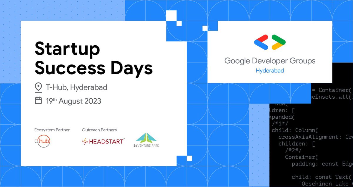 EdventurePark's tweet image. 📣Calling all startups in Hyderabad!
Register now for Startup Success Days,a platform to help startups learn, build and grow by forging strong collaborations in the local ecosystem.
🔗goo.gle/ssd
🗓️19th Aug,📍T-Hub, Hyderabad
#StartupSuccessDays #GoogleDeveloperGroups