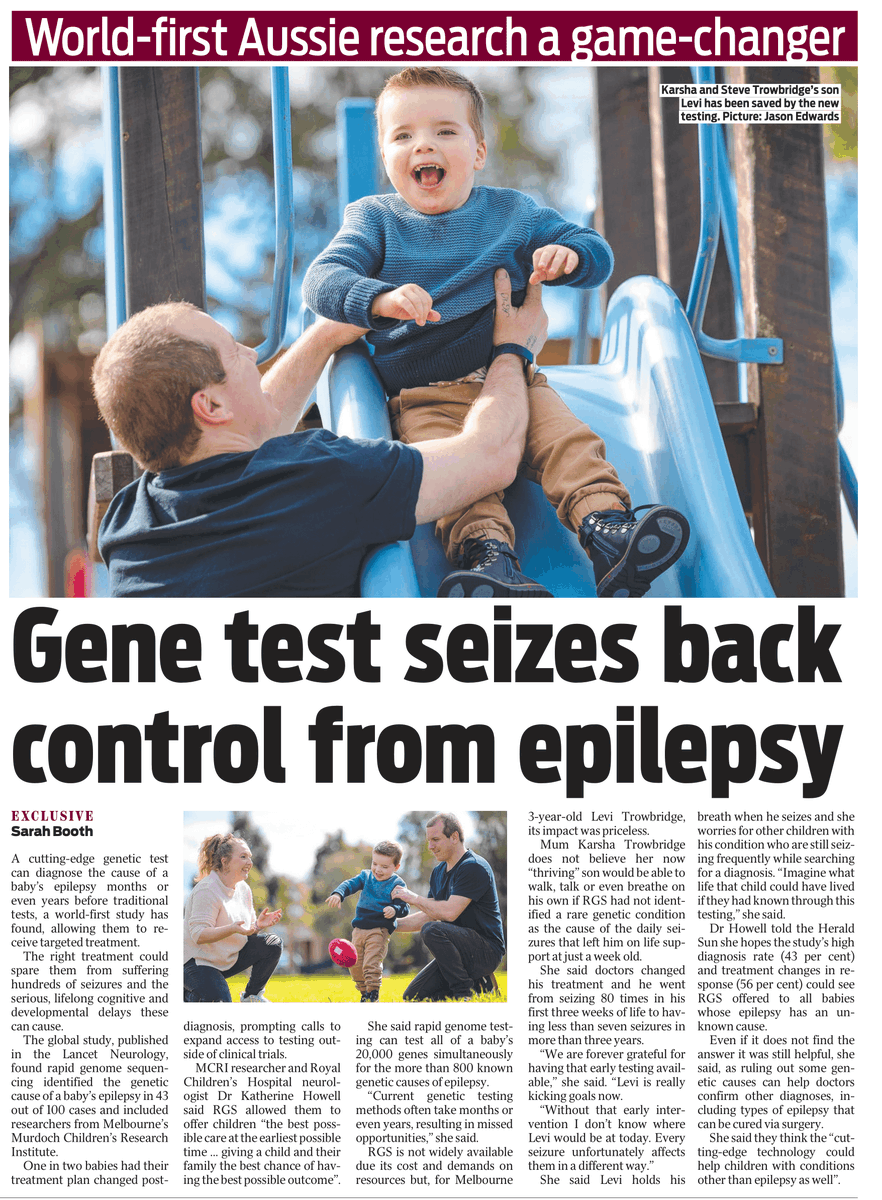 'Without that early intervention, I don't know where Levi would be today,' mum Karsha told @theheraldsun. Murdoch Children's has co-led #research into rapid genome sequencing and infantile #epilepsy, providing critical answers to families. @DrKBhowell #raredisease #neuroscience