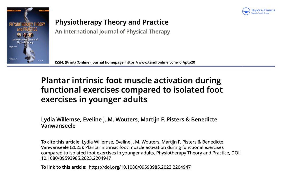 lizbayleyphysio's tweet image. Take aways 🧵1/3
Functional foot exercises: 🦶🏼
🔹SLHR
🔹Toe walking
🔹Hopping
These ex’s take advantage of the PF’s neural drive, include balance + W/B, and take toes into extension - all of which bias them to ⬆️ activation. Plus adherence can be better… 
pubmed.ncbi.nlm.nih.gov/37126537/