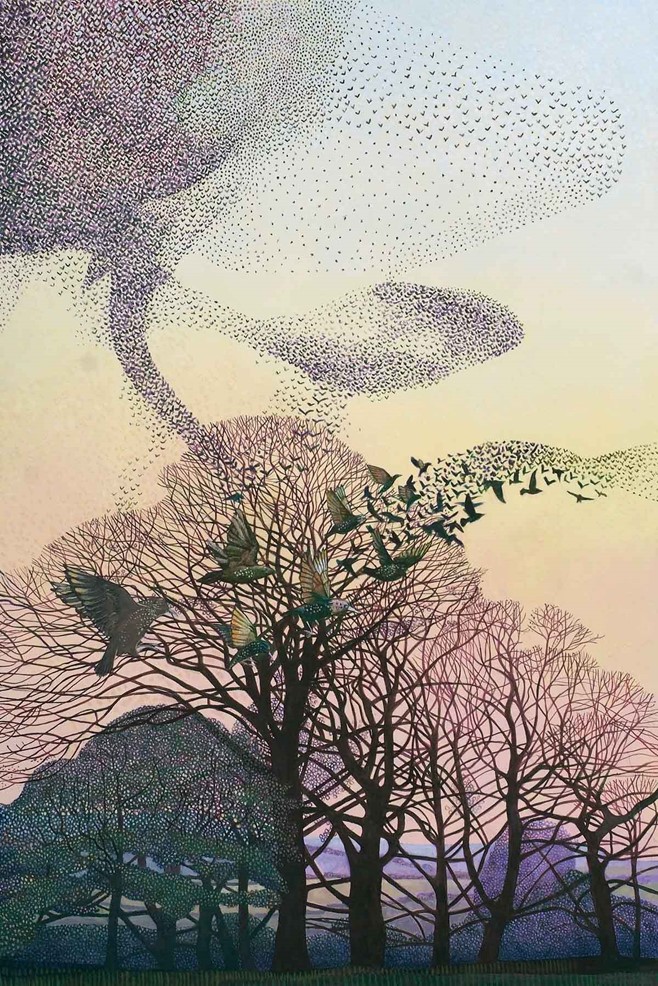 British artist Annie Ovenden’s watercolours of birds in the countryside ~ Murder on the Moor / Murmuration over Lanhydrock Park