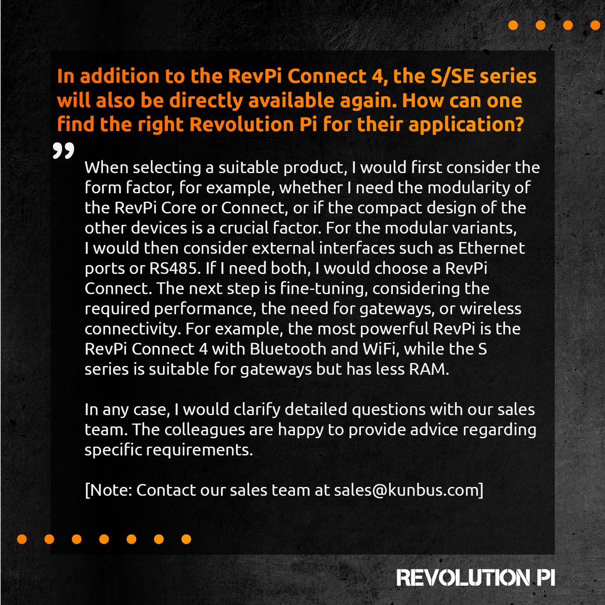 Advantages, new applications, availability and choosing the suitable Revolution Pi for an application: Now that the RevPi Connect 4 and the S/SE series have become available, Product Owner Nicolai summarizes all you need to know about the current production runs.