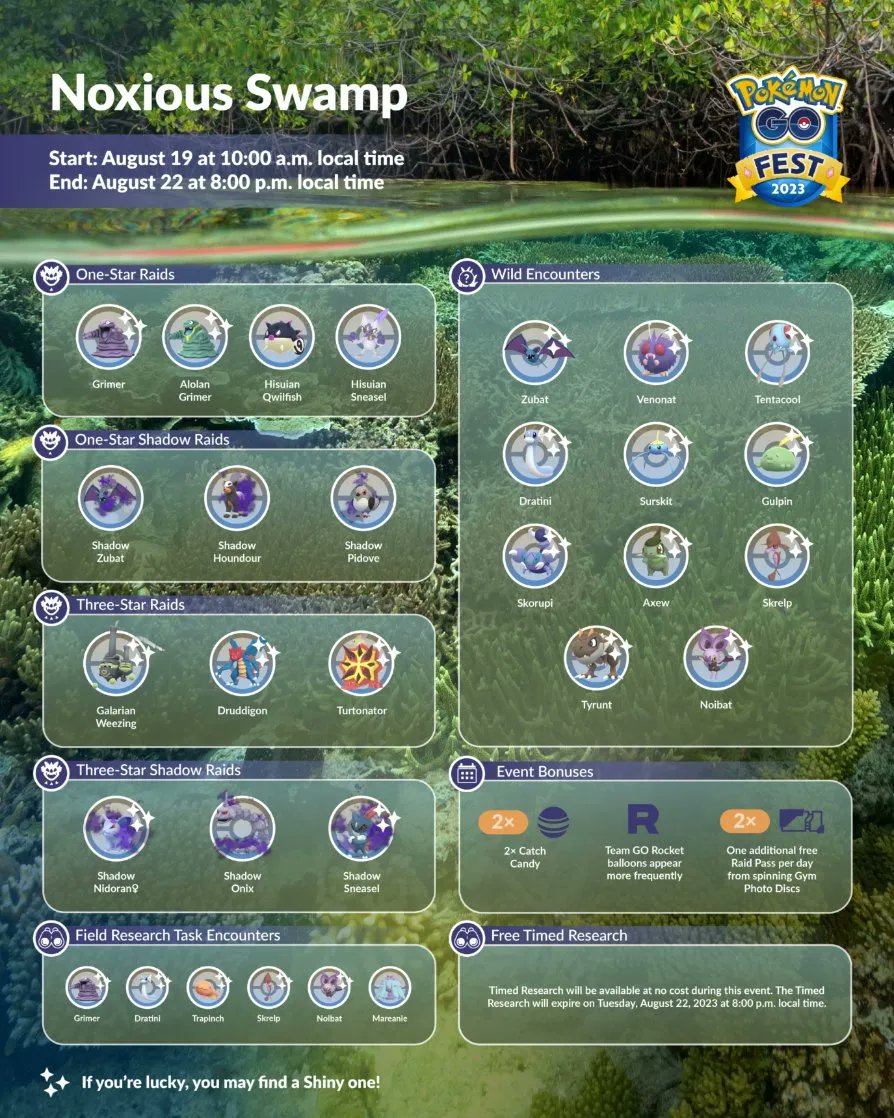 Noxious Swamp Event
Start: Saturday, August 19 at 10ᴬ LT
End: Tuesday, August 22 at 8ᵖ LT

Pokemon Debuts - Shiny Skrelp (First Time Globally)