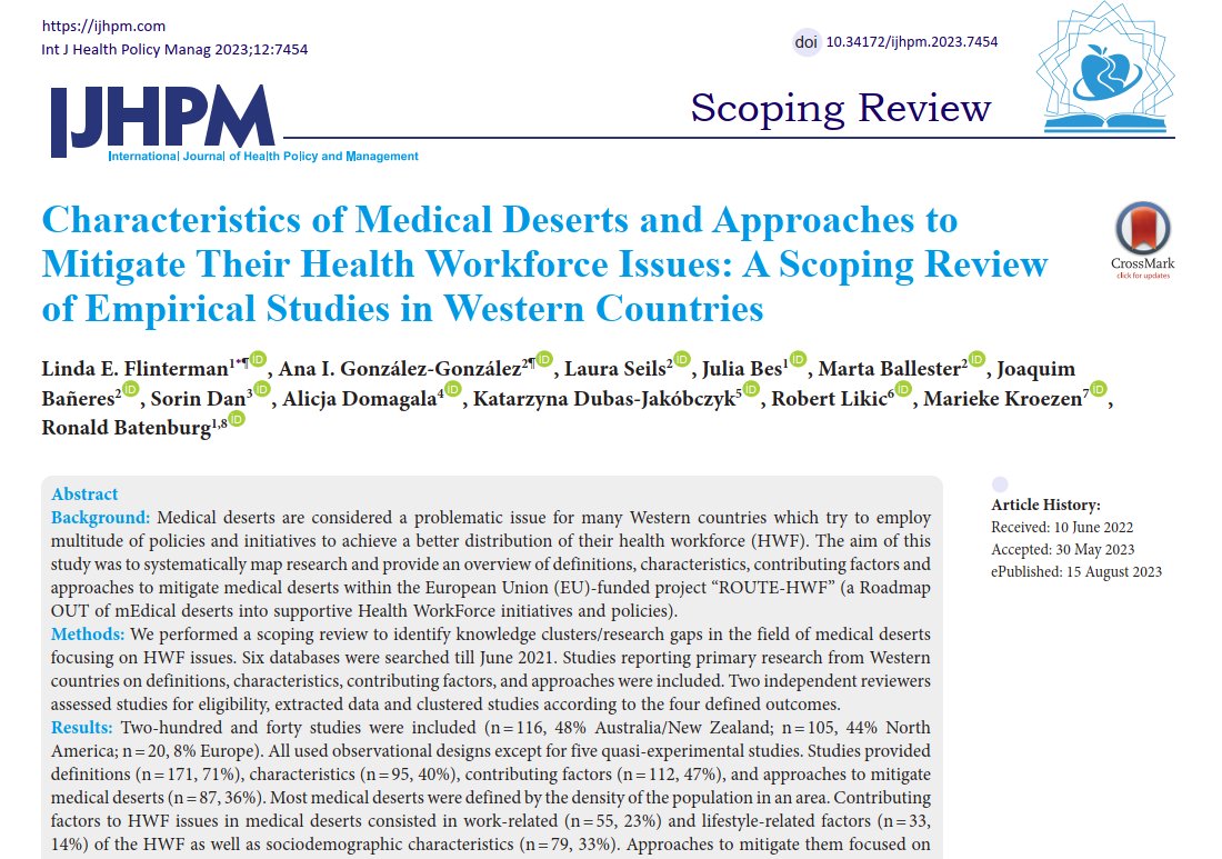 The published version of our medical deserts scoping review, published in @IJHPM, is now available (open access + supplementary files)👉ijhpm.com/article_4458.h…. Have a look!