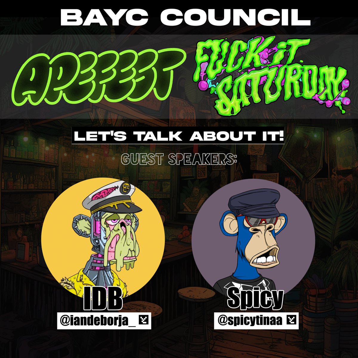 IT'S BAYC SEASON 🔥

Join us to talk about Apefest HK Room &amp; Bored + The upcoming 'Fuck it' Miami weekend 🧪

With special guests from the Yuga fam @iandeborja_ &amp; <a href="/spicytinaa/">Spicy (Tina)</a> 🍌

08/17 4PM EST / 1PM PST

Link to save: x.com/i/spaces/1mrGm…
