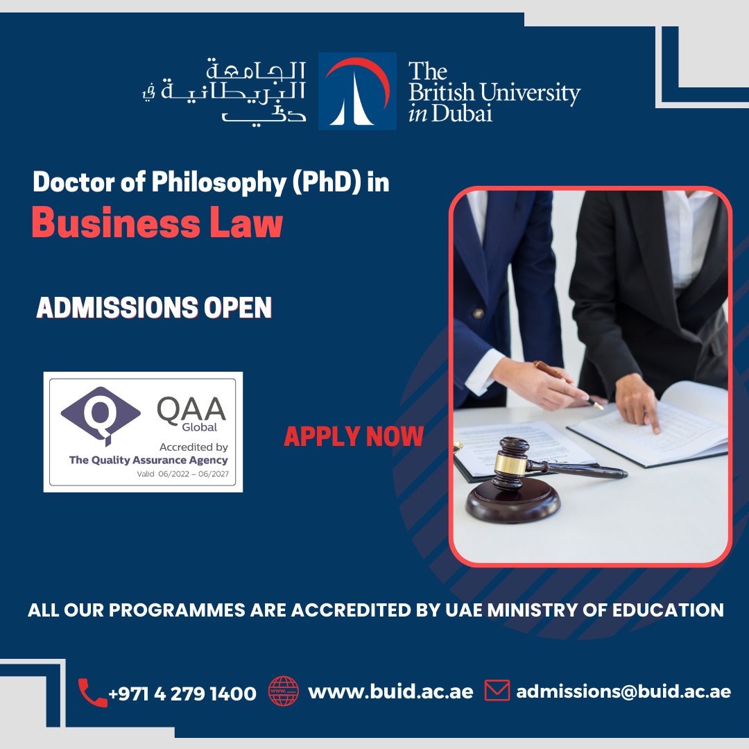 Are you interested in an advanced study of law? Join our PhD in Business Law &amp; acquire the research skills needed in general and business law.
For more details: t.ly/WYDqk
Contact us: 042791400 or pg.admissions@buid.ac.ae