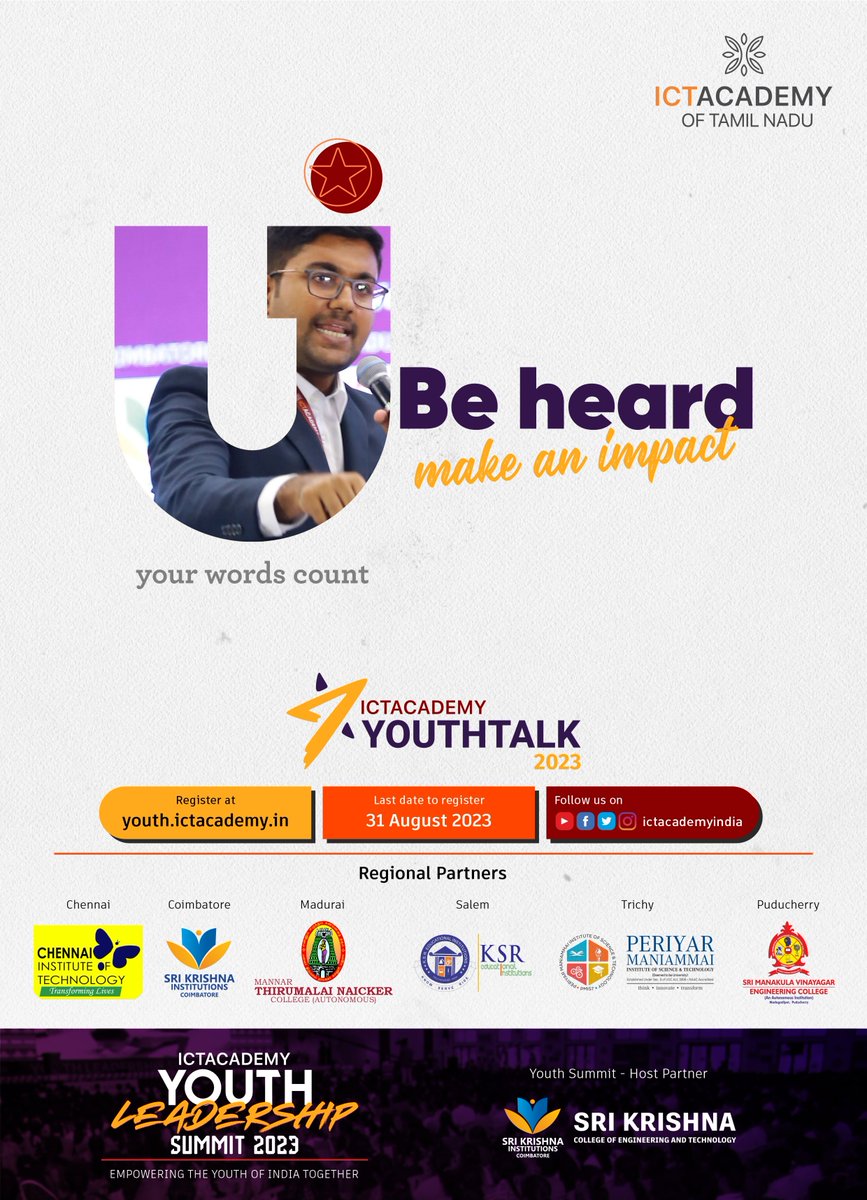 ictacademyindia's tweet photo. Be heard Make an impact!
ICT Academy Youth Talk 2023 - The Massive Talkathon!
Register now: https://t.co/MVWRpiClRK
#ictacademyindia #YouthTalk2023 #Talkathon #speechcompetition #talkingcompetition @citchennai @skcetofficial @ksrceofficial @MannarCollege @MannarIqac @SMVEC2 https://t.co/gZDOVJI4GS