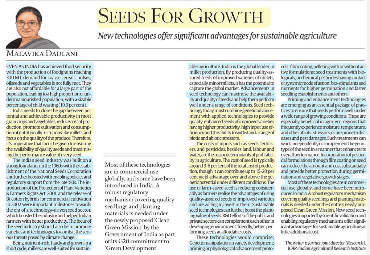 'Seeds for Growth'
New Technologies offer significant advantages for #sustainable #AgricultureinIndia
: By Malavika Dadlani Mam

#FoodSecurity #ChildWasting #nutrition #Millets
#ClimateChange
#CleanGreenMission #GreenDevelopment
#seeds
#technologies #regulation 

#UPSC 
Source:IE