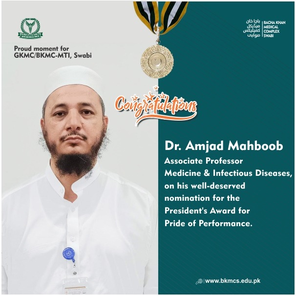 A proud moment for MTI, Swabi! 
Congratulations on your well-deserved nomination for the prestigious President's Award for Pride of Performance. 
Your expertise in Medicine, Infectious Diseases, and your role as Hospital Director of BKMC-MTI is truly remarkable.
<a href="/amahboob24/">Dr Amjad Mahboob</a>