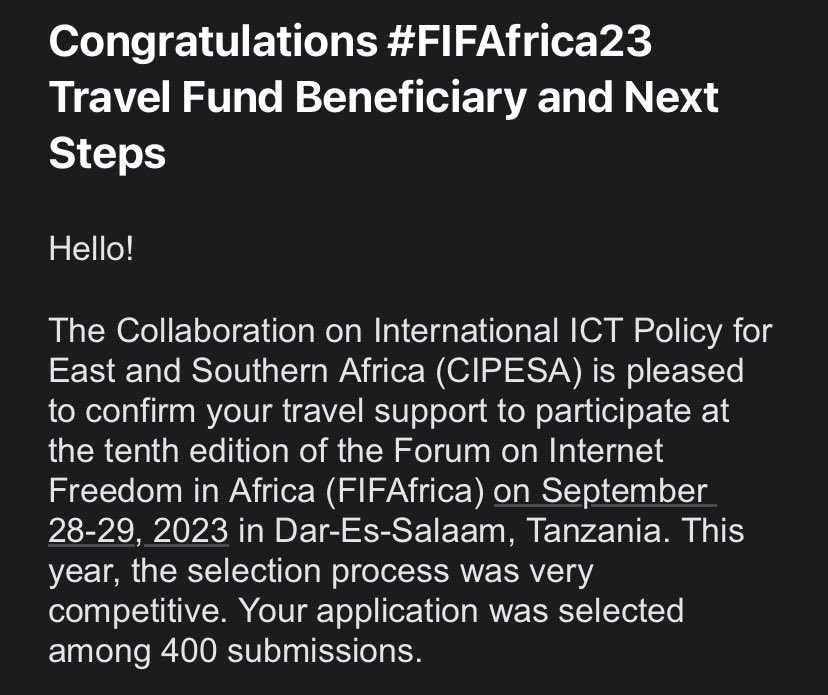I say thank you! @cipesaug 🎉 
This is a great opportunity to make meaningful difference in the digital security, privacy and human rights landscape in Africa. 

I look forward to participating at the Forum on Internet Freedom in Africa #FIFAfrica23 #InternetFreedomAfrica 🇹🇿🚀 🛜