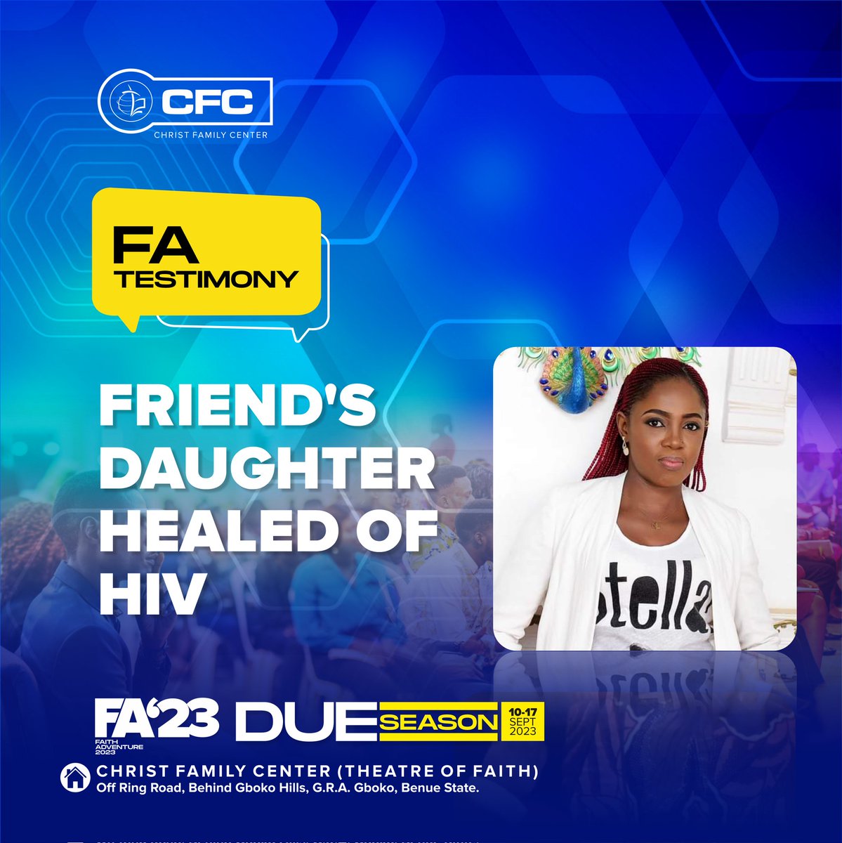 See what the Lord has done, what I waited for has come to pass. 

I Am Attah Enada Stella Maris, I got saved in January 2016 and joined CFCIC ( Makurdi Center). I attended My First Faith Adventure in September of the same year.  

I had a friend whose daughter was HIV positive.