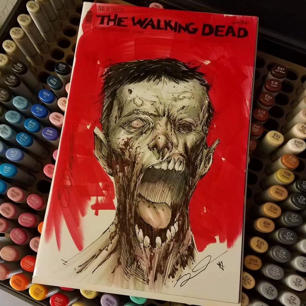 shelbywankenobi's tweet photo. RE: decade old #SketchCover art of mine. Illustrated on #WalkingDead blanks all signed by #FUGAZI band w/ addtl' book sigs by Ian and Amy of The Evens *(All received CGC yellow labels) I zombified everyone #IanMacKaye #GuyPicciotto #BrendanCanty #JoeLally #TheEvens #AmyFarina https://t.co/KqG7QF0M99