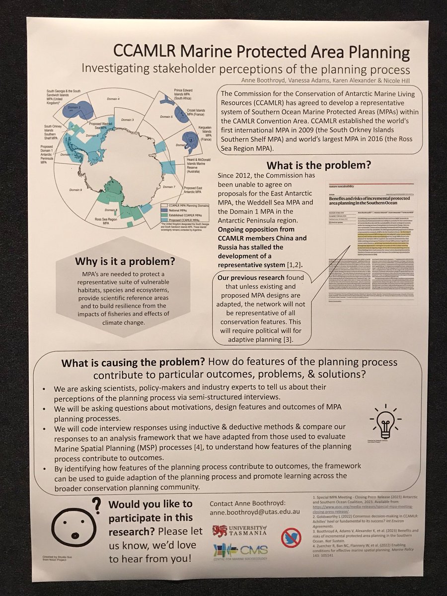 CMS_UTas's tweet photo. 🏆Congrats @_pandannie  - Winner of the CMS showcase student poster prize!

Anne is asking for experts to share their experiences in the #CCAMLR #MPA planning space, to understand how features of the MPA planning process have contributed to certain outcomes, problems &amp; solutions. https://t.co/mLY4uwFyT8