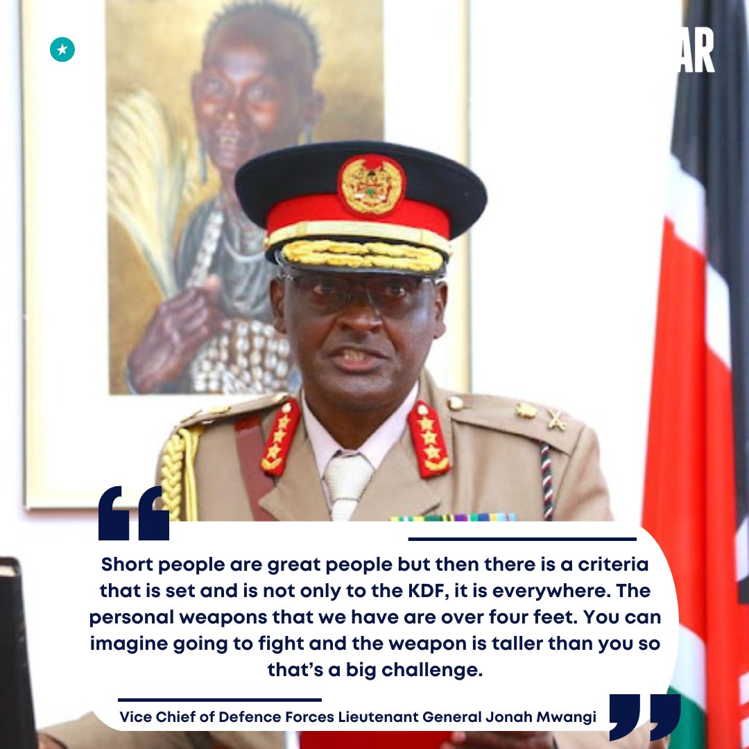 TheStarKenya's tweet photo. Vice Chief of Defence Forces Lieutenant General Jonah Mwangi has disclosed why short people are not recruited into the military as height is an important element during the hiring process.

He said for someone to be allowed to join the disciplined forces, a woman should be 5 feet and above while a man should be five feet and three inches and above.
#starkenyanews