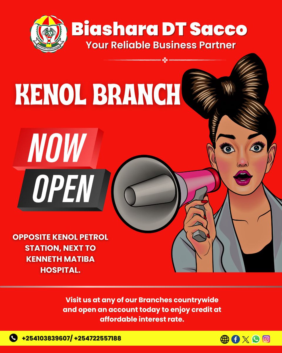 Biashara_Sacco's tweet photo. KENOL HERE WE ARE 📣📣📣
Visit our newest branch - KENOL BRANCH and get to enjoy credit at affordable interest rates.
We have got you covered. All you have to do is open an account at a low fee of Ksh 300 and Save to enjoy full/associate member benefits.
#newbranchalert #kenol https://t.co/T8b6tMnx4Q
