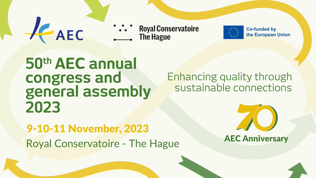 AEConservatoire's tweet photo. 📢Join us for the 50th #AECCongress and General Assembly 2023 at the Royal Conservatoire in The Hague from 9-11 November!
🔍Topics such as #powerrelations, #AI, #sustainability, #digitisation in #HME and much more will be addressed.
👉https://t.co/qiC1f8vC6T
🎉#AECturns70 https://t.co/U2t5N5XTGd