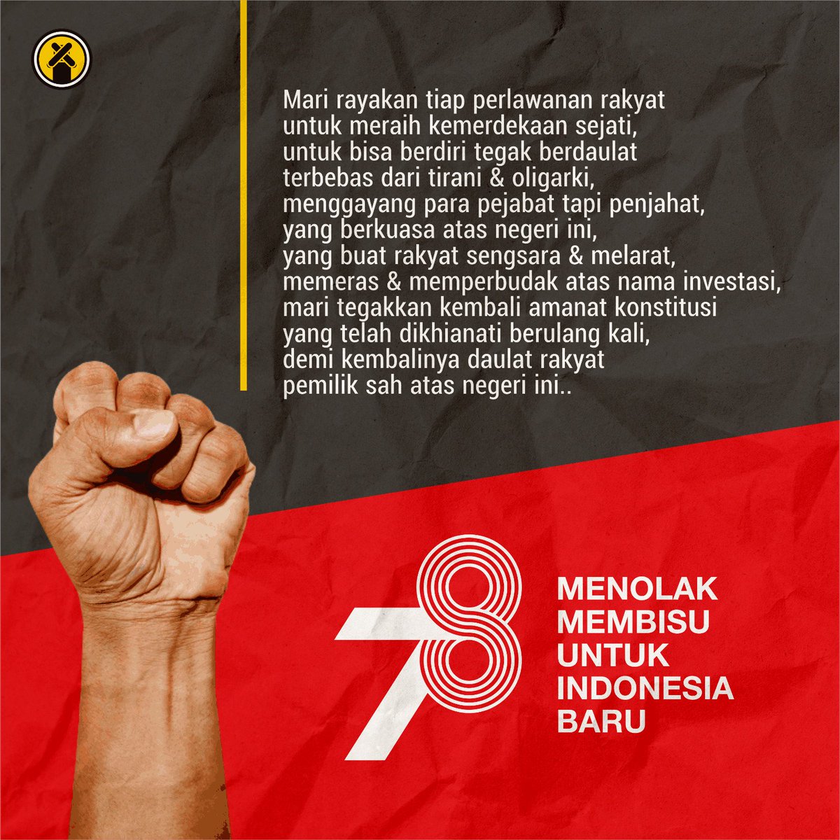 FraksiRakyatID's tweet photo. Merdeka yang sesungguhnya adalah merdeka dari tirani &amp; oligarki. 

#MosiTidakPercaya 
#LawanOligarki https://t.co/ULHMMbnE4t