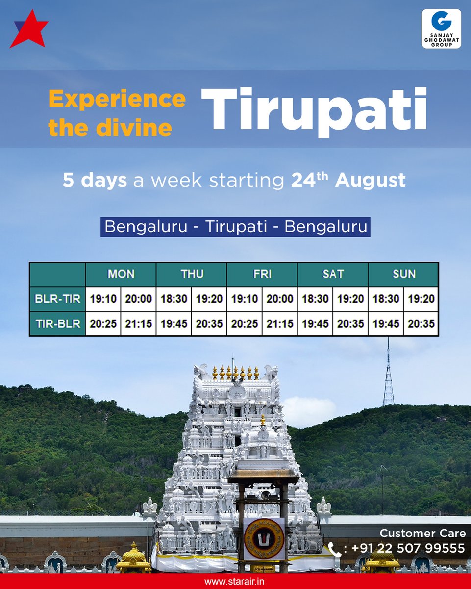 Embark on a Spiritual Journey! 
Experience the convenience of flying from Bangalore to Tirupati with Star Air, now available 5 times a week.

#OfficialStarAir #WeCare #ConnectingReallndia  #SGGRising #Bangalore #Tirupati #BangaloreToTirupati #TirupatiTemple #ExploreTirupati