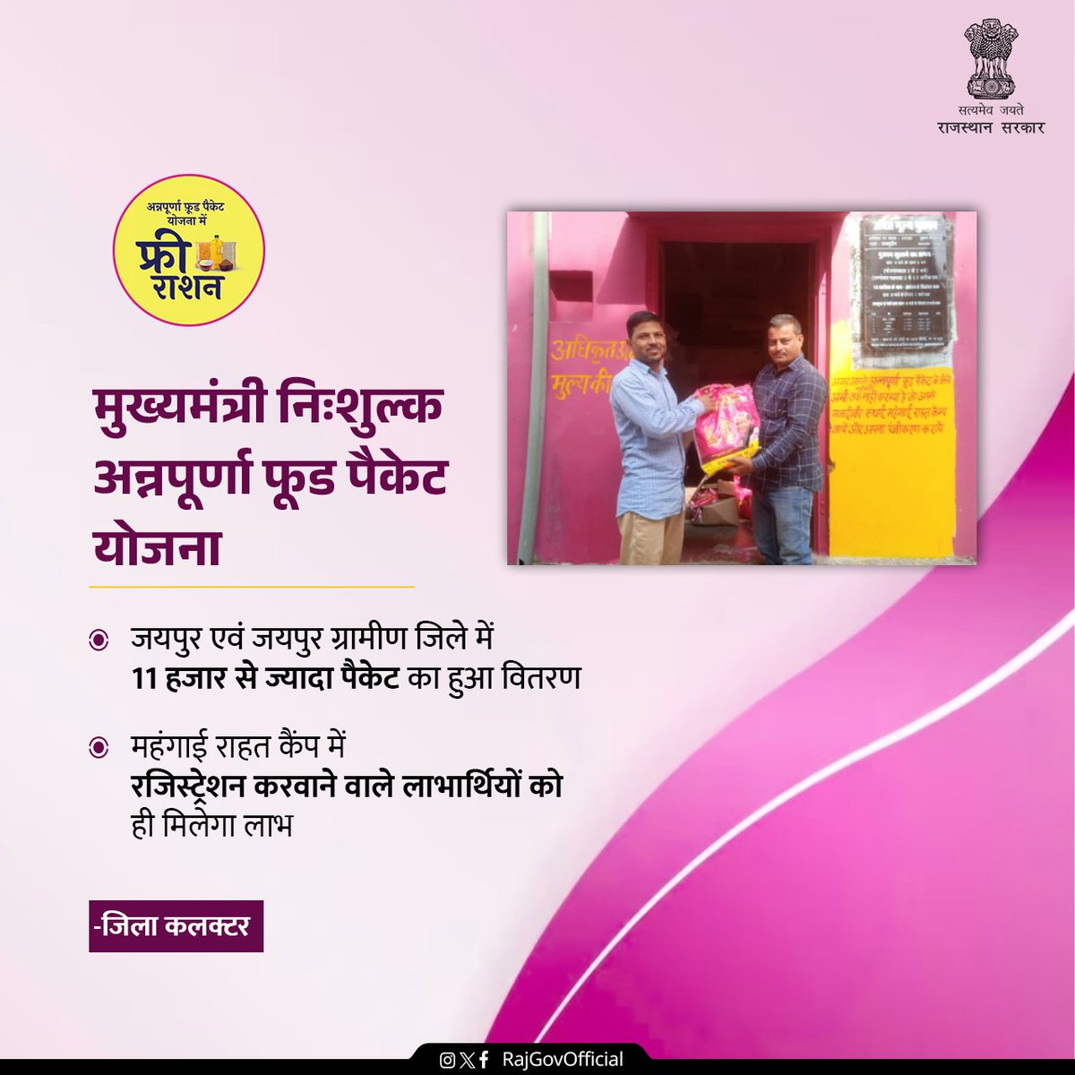 Government of Rajasthan (@rajgovofficial) on Twitter photo рдЬрд┐рд▓рд╛ рдХрд▓рдХреНрдЯрд░ рд╢реНрд░реА рдкреНрд░рдХрд╛рд╢ рд░рд╛рдЬрдкреБрд░реЛрд╣рд┐рдд рдиреЗ рдмрддрд╛рдпрд╛ рдХрд┐ рдореБрдЦреНрдпрдордВрддреНрд░реА рдирд┐рдГрд╢реБрд▓реНрдХ рдЕрдиреНрдирдкреВрд░реНрдгрд╛ рдлреВрдб рдкреИрдХреЗрдЯ рдпреЛрдЬрдирд╛ рдХреЗ рддрд╣рдд рдмреБрдзрд╡рд╛рд░ рддрдХ рдЬрдпрдкреБрд░ рдЧреНрд░рд╛рдореАрдг рдЬрд┐рд▓реЗ рдореЗрдВ рдХреБрд▓ 3,559 рд▓рд╛рднрд╛рд░реНрдерд┐рдпреЛрдВ рдХреЛ рдлреВрдб рдкреИрдХреЗрдЯ рддреЛ рд╡рд╣реАрдВ 3,600 рд▓рд╛рднрд╛рд░реНрдерд┐рдпреЛрдВ рдХреЛ рдСрдпрд▓ рдкреИрдХреЗрдЯ рд╡рд┐рддрд░рд┐рдд рдХрд┐рдпреЗ рдЧрдП рд╣реИрдВред рдЬрд┐рд▓рд╛ рдХрд▓рдХреНрдЯрд░ рд╢реНрд░реА рдкреНрд░рдХрд╛рд╢ рд░рд╛рдЬрдкреБрд░реЛрд╣рд┐рдд рдиреЗ рдмрддрд╛рдпрд╛ рдХрд┐ рдореБрдЦреНрдпрдордВрддреНрд░реА рдирд┐рдГрд╢реБрд▓реНрдХ рдЕрдиреНрдирдкреВрд░реНрдгрд╛ рдлреВрдб рдкреИрдХреЗрдЯ рдпреЛрдЬрдирд╛ рдХреЗ рддрд╣рдд рдмреБрдзрд╡рд╛рд░ рддрдХ рдЬрдпрдкреБрд░ рдЧреНрд░рд╛рдореАрдг рдЬрд┐рд▓реЗ рдореЗрдВ рдХреБрд▓ 3,559 рд▓рд╛рднрд╛рд░реНрдерд┐рдпреЛрдВ рдХреЛ рдлреВрдб рдкреИрдХреЗрдЯ рддреЛ рд╡рд╣реАрдВ 3,600 рд▓рд╛рднрд╛рд░реНрдерд┐рдпреЛрдВ рдХреЛ рдСрдпрд▓ рдкреИрдХреЗрдЯ рд╡рд┐рддрд░рд┐рдд рдХрд┐рдпреЗ рдЧрдП рд╣реИрдВред