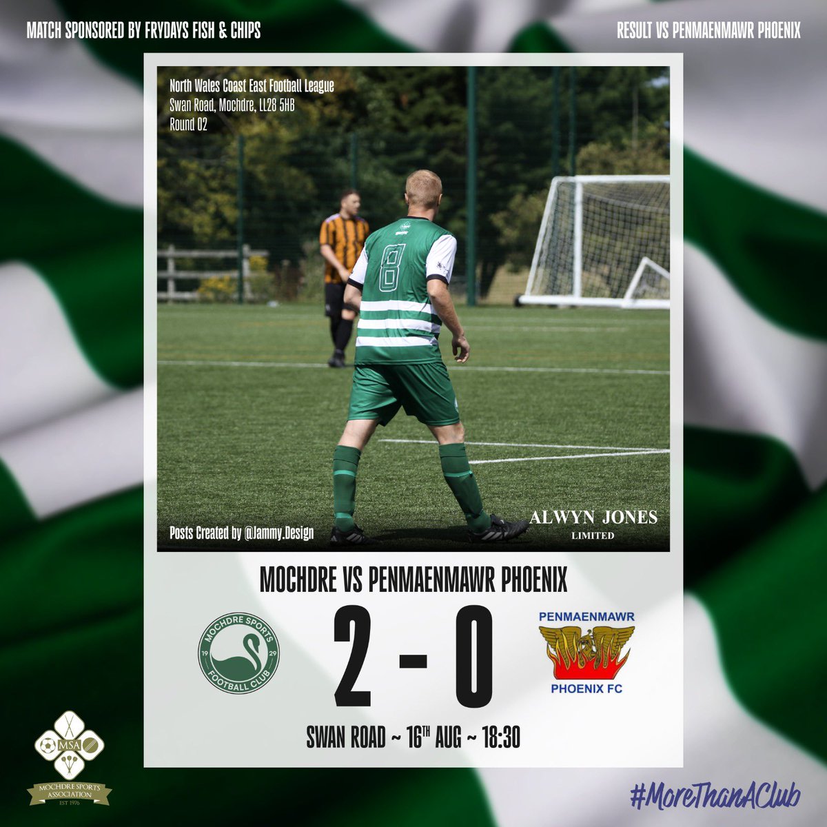 Mochdre Sports 2-0 <a href="/PenPhoenixFC/">Penmaenmawr Phoenix FC</a> 

A typically feisty, largely scrappy game which was settled by two set pieces at either end of the game. 

Goals scored by:

Fin Jones ⚽️ (sponsored by Gareth Jones floor and tiling)
Ste Falvey ⚽️

Match day sponsor: Frydays Fish and Chip shop