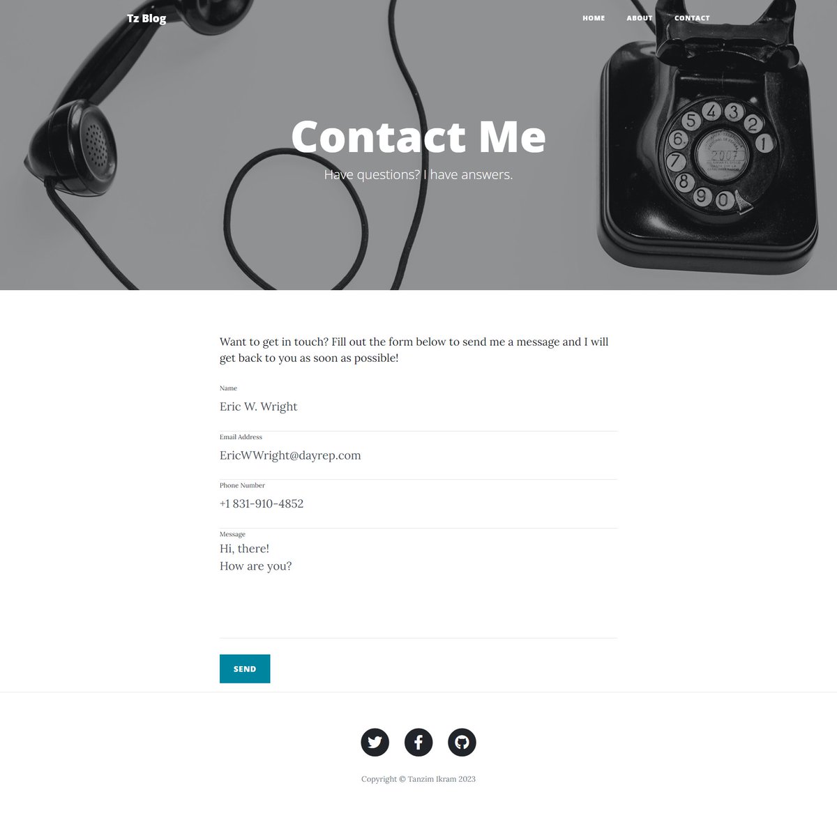 tanzim_ikram's tweet photo. #100DaysOfCode challenge.
#Day60:
#Project: Making Contact Form functional from previous day's Blogsite
#100daysofpython #pythonprogramming #python #flask #webdevelopment #Webdesign #blogsite #blog
#contactform #htmlform #form https://t.co/agZjWBrK9s