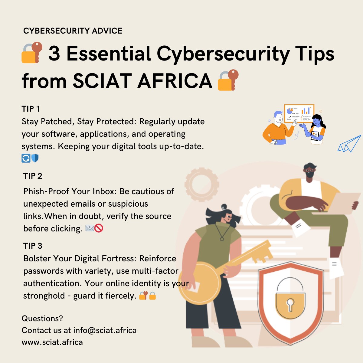 SCIAT_AFRICA's tweet photo. 🔒 Boost online safety with 3 vital cybersecurity tips: 

For more info
Visit : https://t.co/CwW5Yl2Imb  
#cybersecurity #sciatafrica https://t.co/8MC1RFxvDi