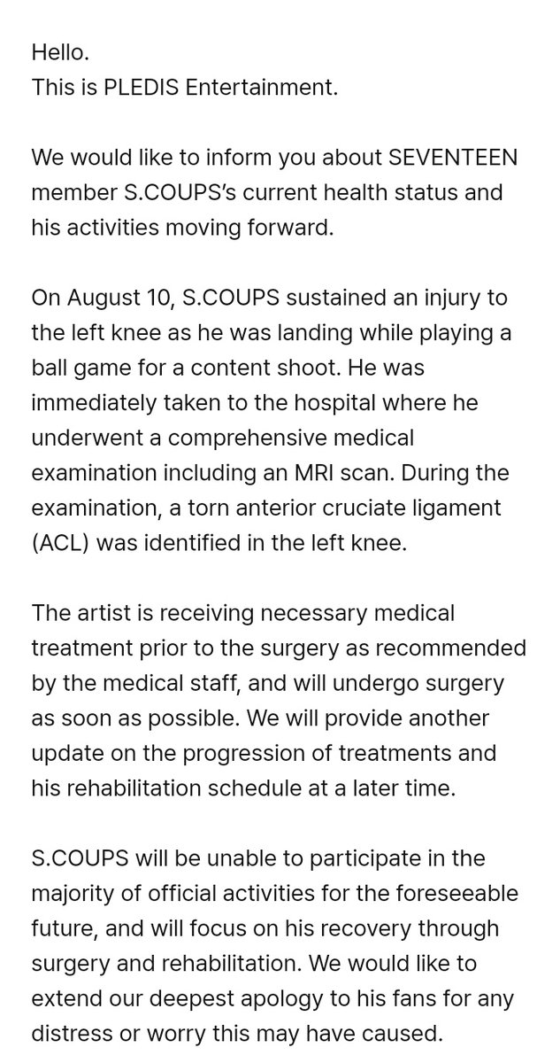 svtcontents's tweet photo. [NOTICE] 230817 S.COUPS #에스쿱스 unfortunately had a knee injury during a ball game for a content shoot. In line with this, he will be taking a break from any of their future activities until he has fully healed from the injury.

We wish the best for your health, our Cheol! 🥺 https://t.co/XVjssEIhFs