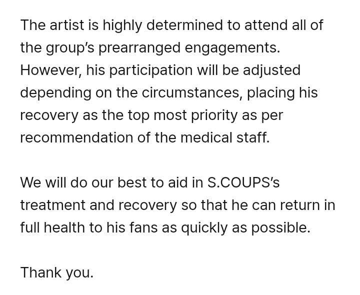 [NOTICE] 230817 S.COUPS #에스쿱스 unfortunately had a knee injury during a ball game for a content shoot. In line with this, he will be taking a break from any of their future activities until he has fully healed from the injury.

We wish the best for your health, our Cheol! 🥺