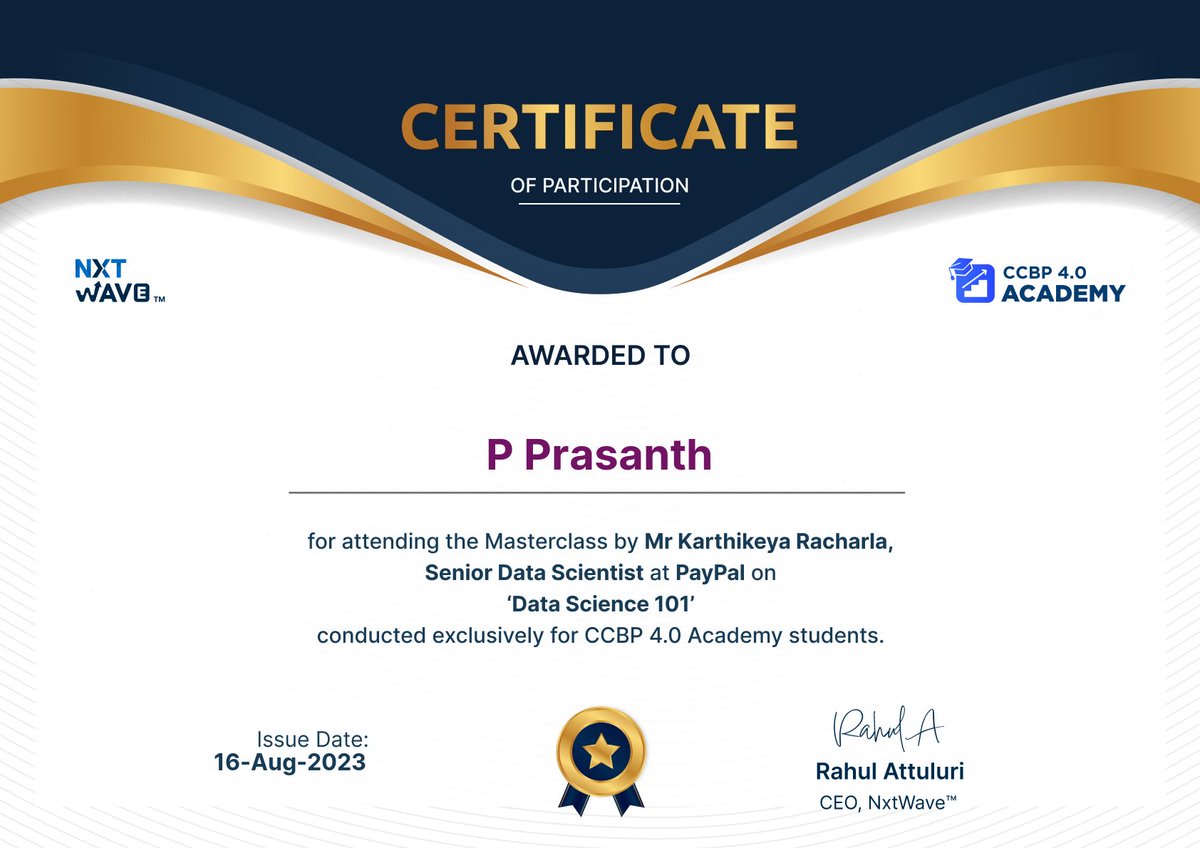 prasanth0821's tweet photo. I am delighted to announce that I have received the Certificate of Participation for attending the insightful masterclass conducted by Mr. Karthikeya Racharla, Senior Data Scientist at @PayPal, on the topic "Data Science 101". 📊💡

#continuouslearning #nxtwavecommunity #nxtwave https://t.co/KR6wBb5sJu