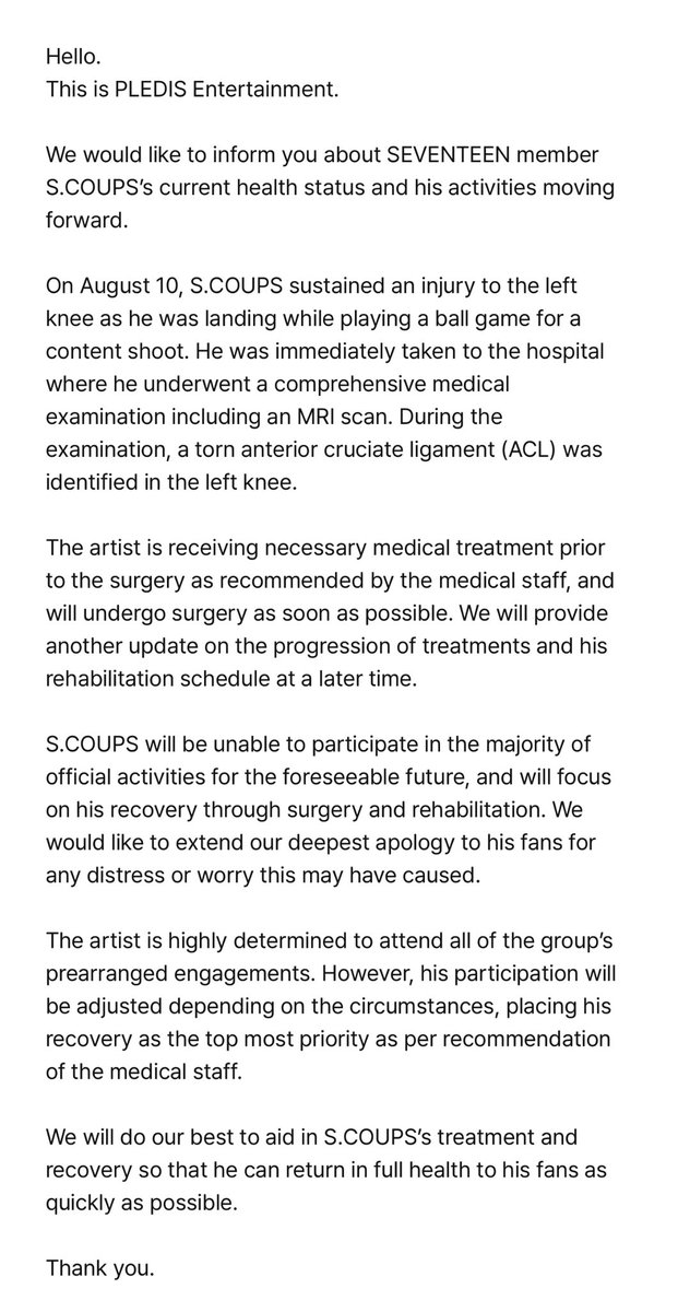 svtranslation's tweet photo. 230817 [NOTICE]

scoups tore his ACL while shooting content. he will have surgery asap and pledis will give updates. due to focus on rehabilitation, he will not participate in majority of official activities. they will focus on his recovery.

get well soon, scoups🥺 https://t.co/HNW0EJ1f83