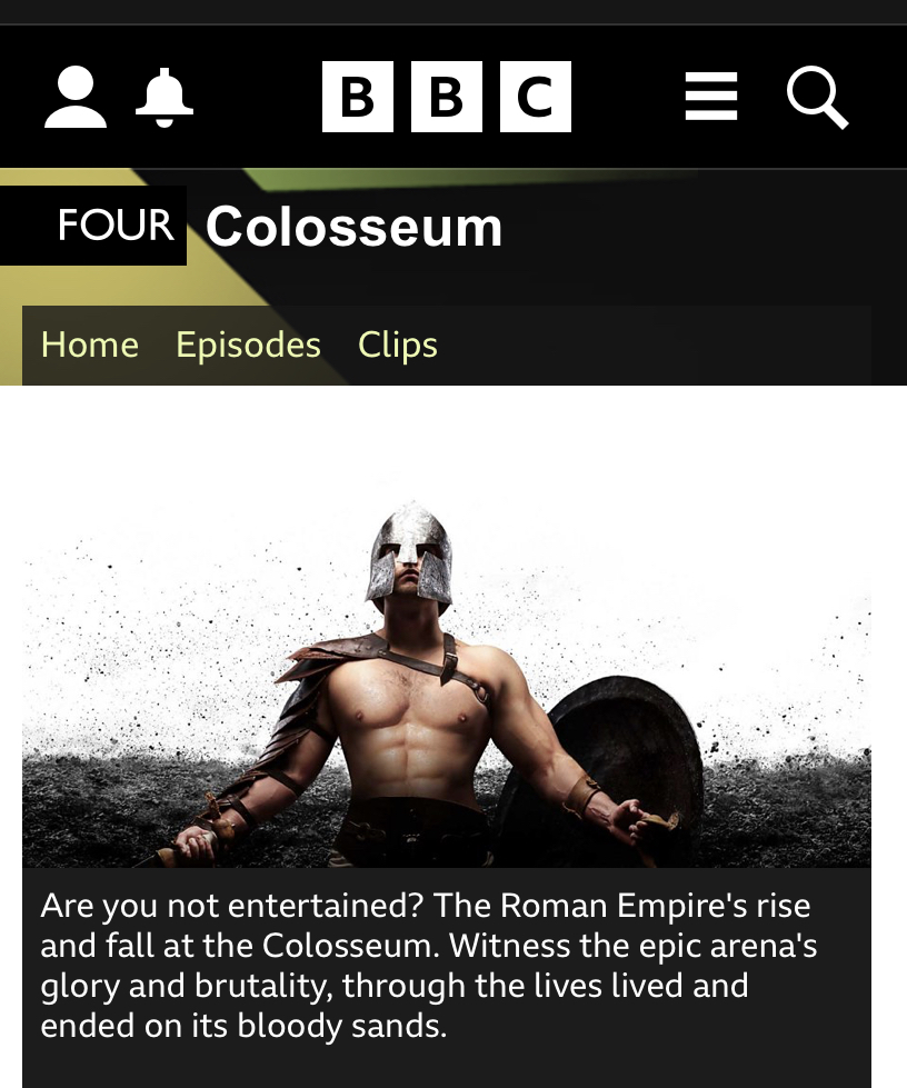 SternAndWild's tweet photo. Fantastic reviews for two Stern and Wild  clients, Jim Greayer and Johanna Gibbon. Their historical drama doc series Colosseum aired on BBC4 last night. Our favourite comment? ‘A barnstorming spectacle of blood, guts and gladiators’ https://t.co/kVcVVK3dDT
