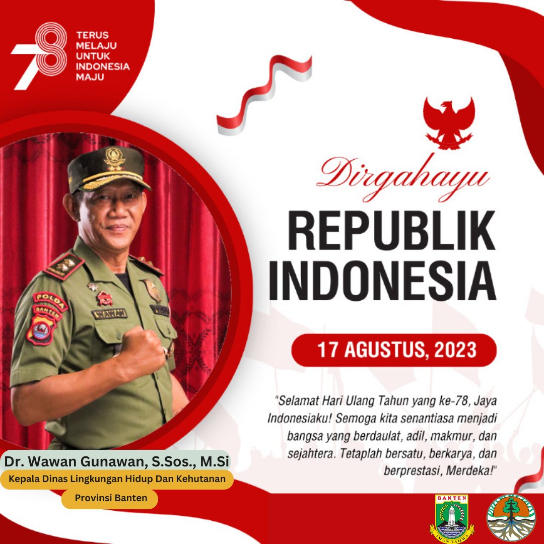 DLHKBanten's tweet photo. Selamat Hari Kemerdekaan Indonesia Ke-78
Melalui momen bersejarah ini, mari kita ingat dan hargai perjuangan para pahlawan yang telah rela berkorban untuk memperjuangkan kemerdekaan negara kita tercinta.
#RI78 #HUT78RI #IndependenceDay2023 #Indonesia https://t.co/5SHVpitMna
