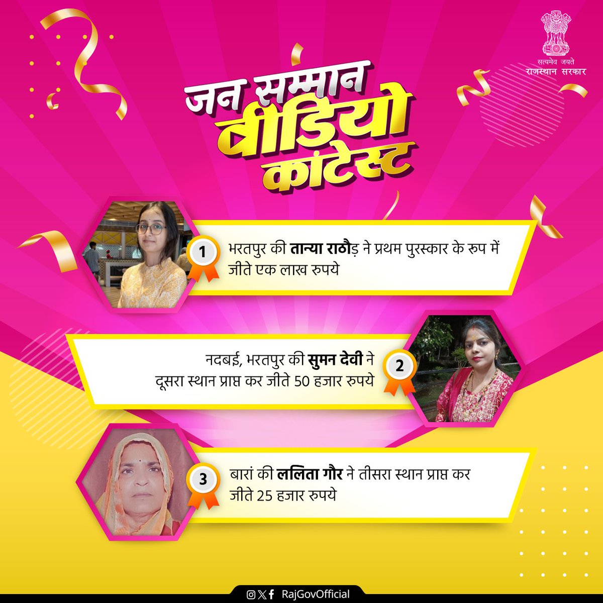 Government of Rajasthan (@rajgovofficial) on Twitter photo 5 рд╕рд┐рддрдВрдмрд░ рддрдХ рдЖрдпреЛрдЬрд┐рдд рд╣реЛрдиреЗ рд╡рд╛рд▓реЗ рдЬрдирд╕рдореНрдорд╛рди рд╡реАрдбрд┐рдпреЛ рдХреЙрдиреНрдЯреЗрд╕реНрдЯ рдореЗрдВ рдкреНрд░рджреЗрд╢рд╡рд╛рд╕реА рд╡рд┐рднрд┐рдиреНрди рдпреЛрдЬрдирд╛рдУрдВ рдкрд░ рдЖрдзрд╛рд░рд┐рдд рд╡реАрдбрд┐рдпреЛ рдмрдирд╛ рд░рд╣реЗ рд╣реИрдВ рдФрд░ рд▓рд╛рдЦреЛрдВ рд░реБрдкрдП рдХреА рдЗрдирд╛рдо рд░рд╛рд╢рд┐ рдЬреАрдд рд░рд╣реЗ рд╣реИрдВред рдмреБрдзрд╡рд╛рд░ рдХреЛ рдЬрд╛рд░реА рд╣реБрдП рд░рд╡рд┐рд╡рд╛рд░, 13 рдЕрдЧрд╕реНрдд рдХреЗ рдкрд░рд┐рдгрд╛рдо рдореЗрдВ рднрд░рддрдкреБрд░ рдХреА рддрд╛рдиреНрдпрд╛ рд░рд╛рдареМрдбрд╝ рдиреЗ рдкреНрд░рдердо рдкреБрд░рд╕реНрдХрд╛рд░ рдХреЗ рд░реВрдк рдореЗрдВ рдПрдХ рд▓рд╛рдЦ рд░реБрдкрдпреЗ рдЬреАрддреЗред 5 рд╕рд┐рддрдВрдмрд░ рддрдХ рдЖрдпреЛрдЬрд┐рдд рд╣реЛрдиреЗ рд╡рд╛рд▓реЗ рдЬрдирд╕рдореНрдорд╛рди рд╡реАрдбрд┐рдпреЛ рдХреЙрдиреНрдЯреЗрд╕реНрдЯ рдореЗрдВ рдкреНрд░рджреЗрд╢рд╡рд╛рд╕реА рд╡рд┐рднрд┐рдиреНрди рдпреЛрдЬрдирд╛рдУрдВ рдкрд░ рдЖрдзрд╛рд░рд┐рдд рд╡реАрдбрд┐рдпреЛ рдмрдирд╛ рд░рд╣реЗ рд╣реИрдВ рдФрд░ рд▓рд╛рдЦреЛрдВ рд░реБрдкрдП рдХреА рдЗрдирд╛рдо рд░рд╛рд╢рд┐ рдЬреАрдд рд░рд╣реЗ рд╣реИрдВред рдмреБрдзрд╡рд╛рд░ рдХреЛ рдЬрд╛рд░реА рд╣реБрдП рд░рд╡рд┐рд╡рд╛рд░, 13 рдЕрдЧрд╕реНрдд рдХреЗ рдкрд░рд┐рдгрд╛рдо рдореЗрдВ рднрд░рддрдкреБрд░ рдХреА рддрд╛рдиреНрдпрд╛ рд░рд╛рдареМрдбрд╝ рдиреЗ рдкреНрд░рдердо рдкреБрд░рд╕реНрдХрд╛рд░ рдХреЗ рд░реВрдк рдореЗрдВ рдПрдХ рд▓рд╛рдЦ рд░реБрдкрдпреЗ рдЬреАрддреЗред