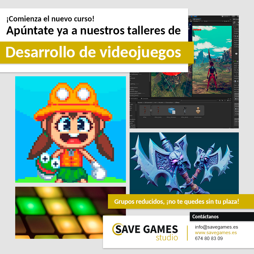 SaveGamesStudio's tweet photo. PIXEL ART para videojuegos, composición musical CHIPTUNE, programación de videojuegos en UNITY, NARRATIVA para videojuegos, creación de ASSETS 3D en Unreal, Animación 2D...

¡Estamos muy orgullosos con los cursos y talleres online que comienzan este octubre en SAVE GAMES STUDIO! https://t.co/0KMuwwDuc6