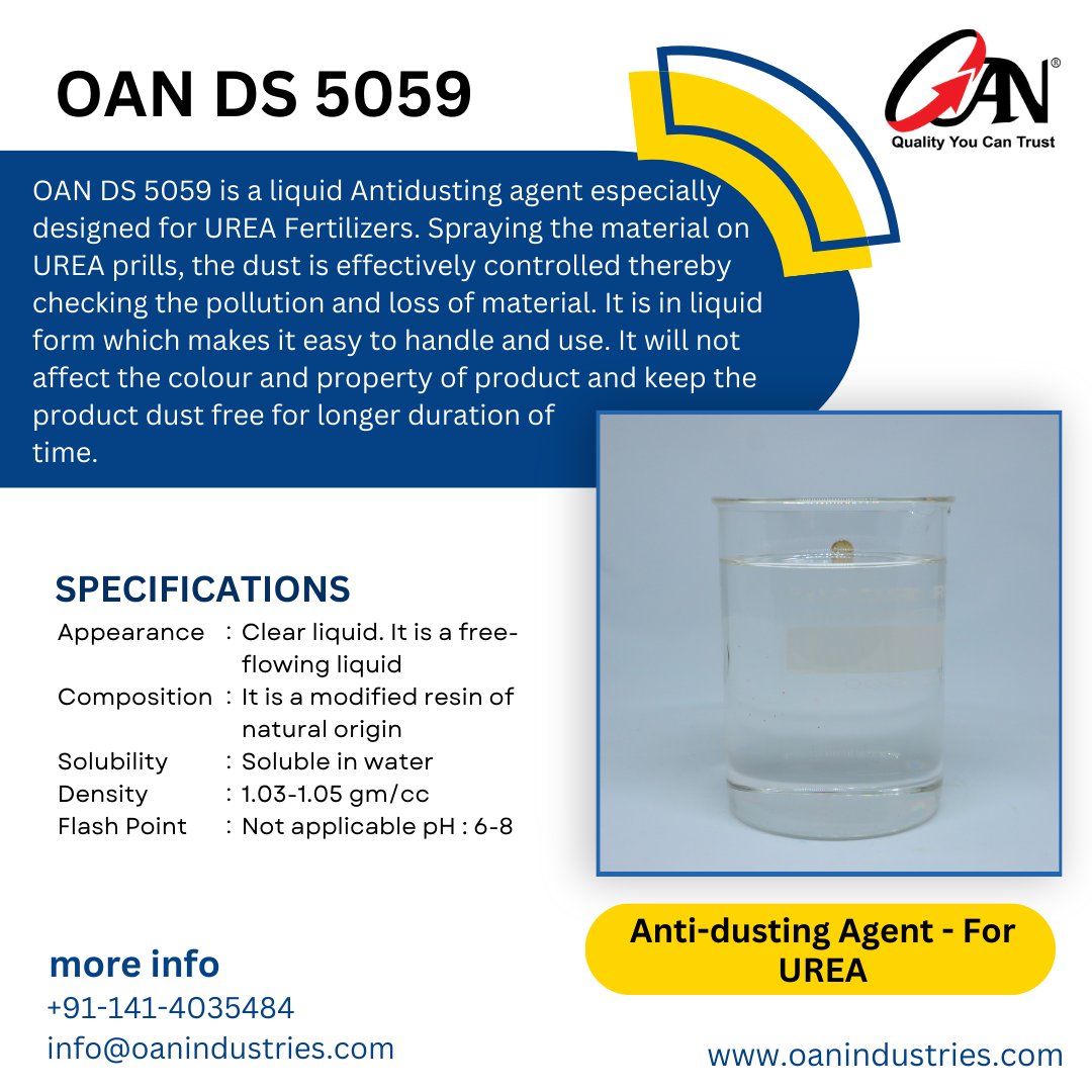 oanindustries's tweet photo. OAN DS 5059 - Anti-dusting Agent for UREA
#antidusting #antidustingagent #urea #fertilizeradditives #additivemanufacturing #fertlizer #dustsuppressor #ureadust #ureafertilizers #removelofdustinurea #dustformation #naturalorigine #dedusting #biodegradable #oanindustries https://t.co/pr4CnZulGg