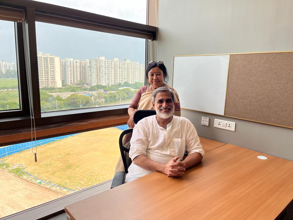venurajamony's tweet image. My office in Jindal Univ’s brand new office complex and pics taken with Sarthak Mukherjee my teaching assistant and wife Saroj after Independence Day celebrations at the University for which the Russian Ambassador was the Chief Guest. 

#OPJindalGlobalUniversity #OPJU #JGLS