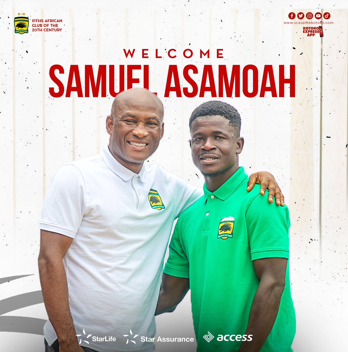 AsanteKotoko_SC's tweet photo. We’re delighted to confirm the signing of right-back Samuel Asamoah from Bofoakwa Tano on a contract running until 2026.

ASAMOAH IS A WARRIOR 👊🏽 

#AKSC #Fabucensus
#TimetoProsperAgain https://t.co/S6eA7d3GrD