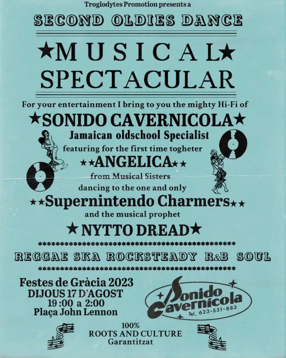 Comencem, avui 19h Musical Spectacular, sonoritzat per Sonido Cavernícola. Amb Angelica (Musical Sister), Supernintendo Charmers, Nitto Dread i SC Crew. 100% Reggae, rocksteady, ska, soul i r&amp;b.
Plaça John Lenon
#Acabados #Turistsgohome #FMGracia23