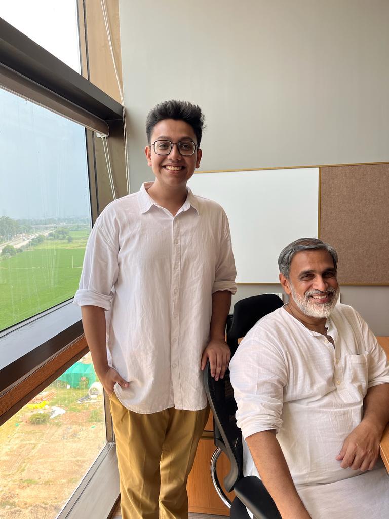 venurajamony's tweet image. My office in Jindal Univ’s brand new office complex and pics taken with Sarthak Mukherjee my teaching assistant and wife Saroj after Independence Day celebrations at the University for which the Russian Ambassador was the Chief Guest. 

#OPJindalGlobalUniversity #OPJU #JGLS